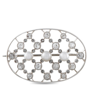 14K White Gold 1.30ct Diamond and Pearl Oval Openwork Brooch