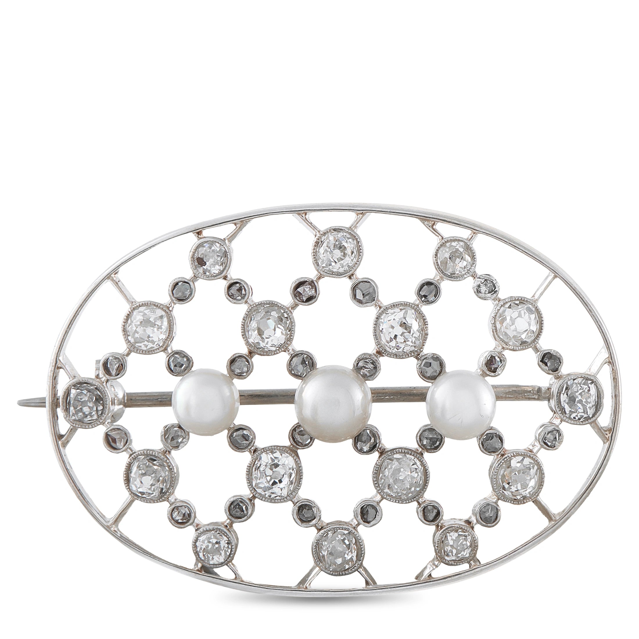 14K White Gold 1.30ct Diamond and Pearl Oval Openwork Brooch