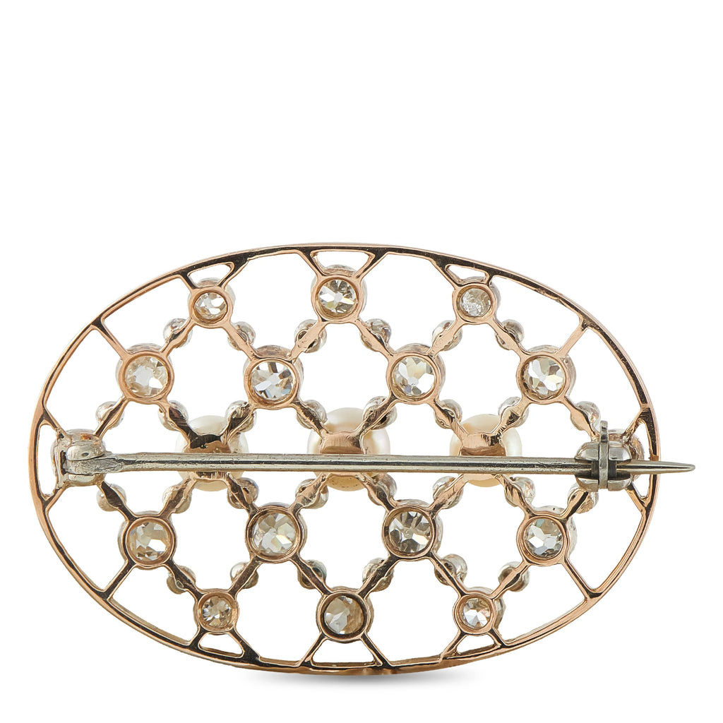 14K White Gold 1.30ct Diamond and Pearl Oval Openwork Brooch