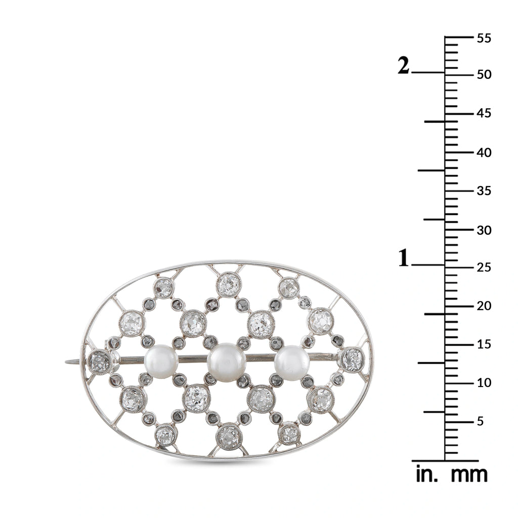 14K White Gold 1.30ct Diamond and Pearl Oval Openwork Brooch