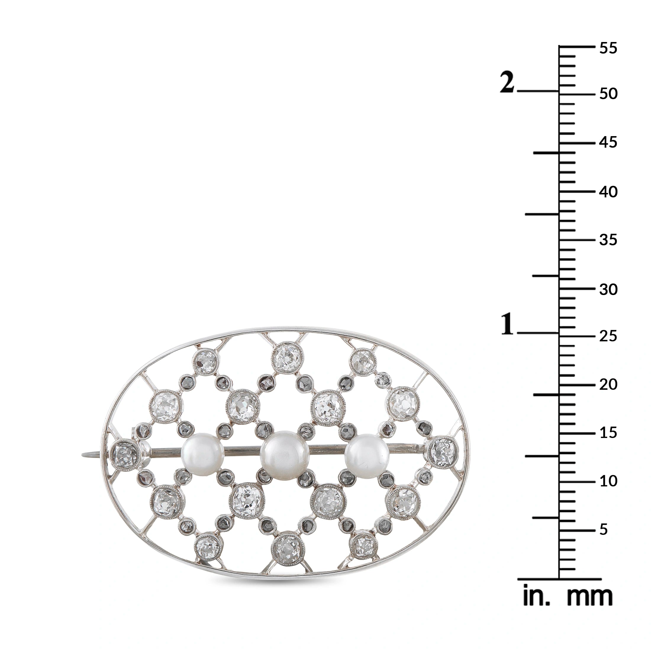 14K White Gold 1.30ct Diamond and Pearl Oval Openwork Brooch