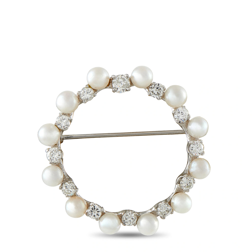14K White Gold 1.30ct Diamond and Pearl Brooch