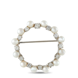 14K White Gold 1.30ct Diamond and Pearl Brooch