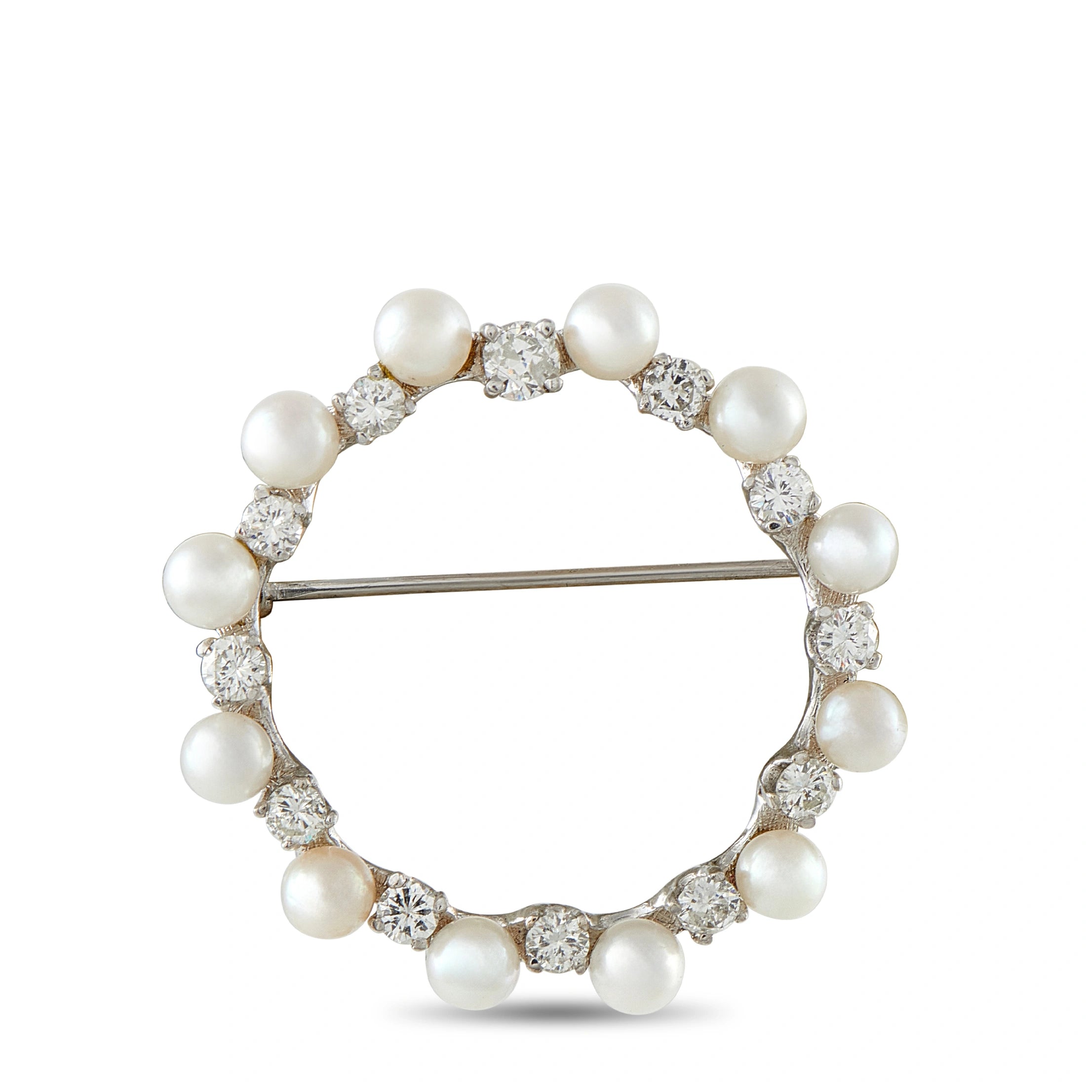 14K White Gold 1.30ct Diamond and Pearl Brooch