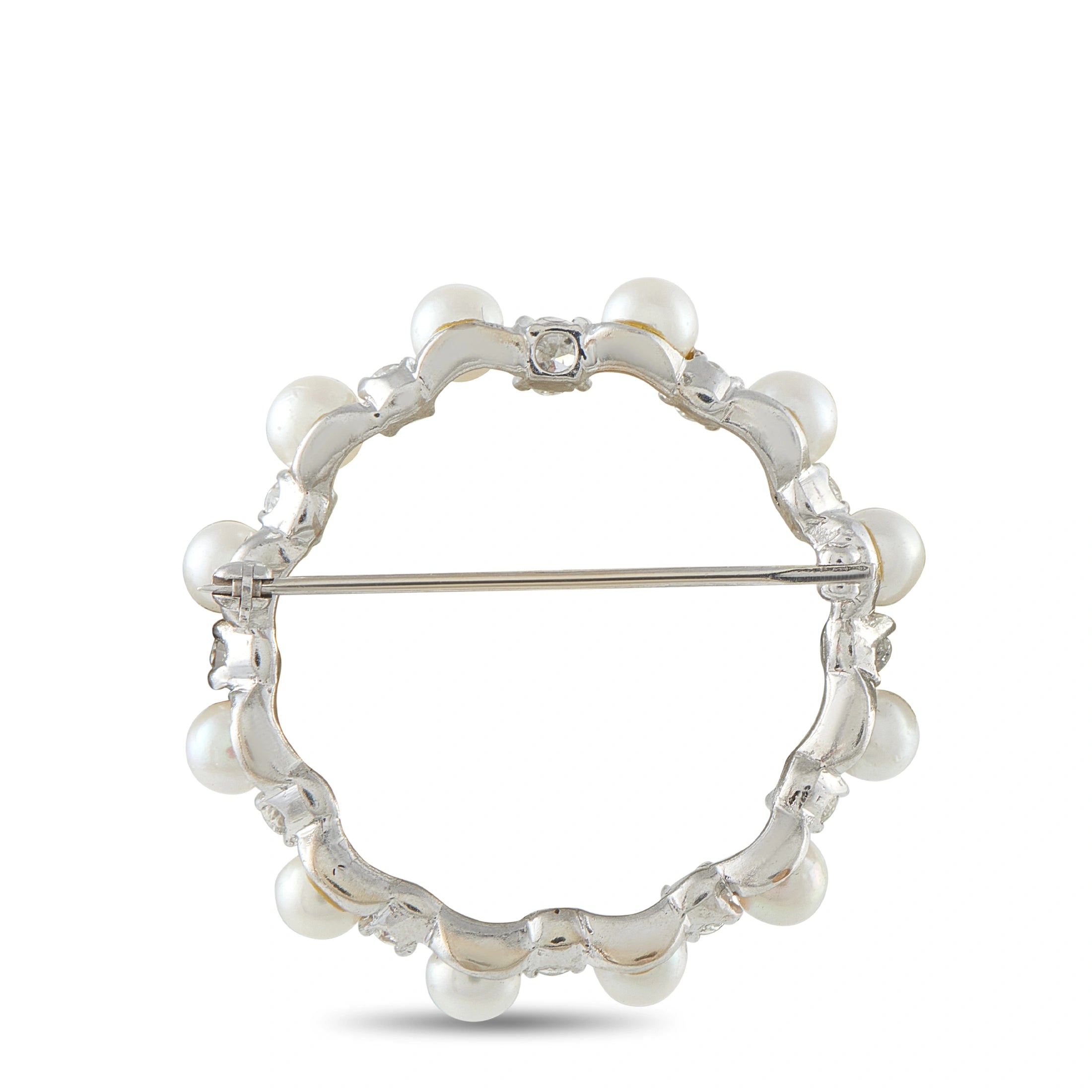 14K White Gold 1.30ct Diamond and Pearl Brooch