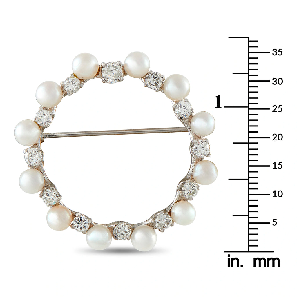 14K White Gold 1.30ct Diamond and Pearl Brooch