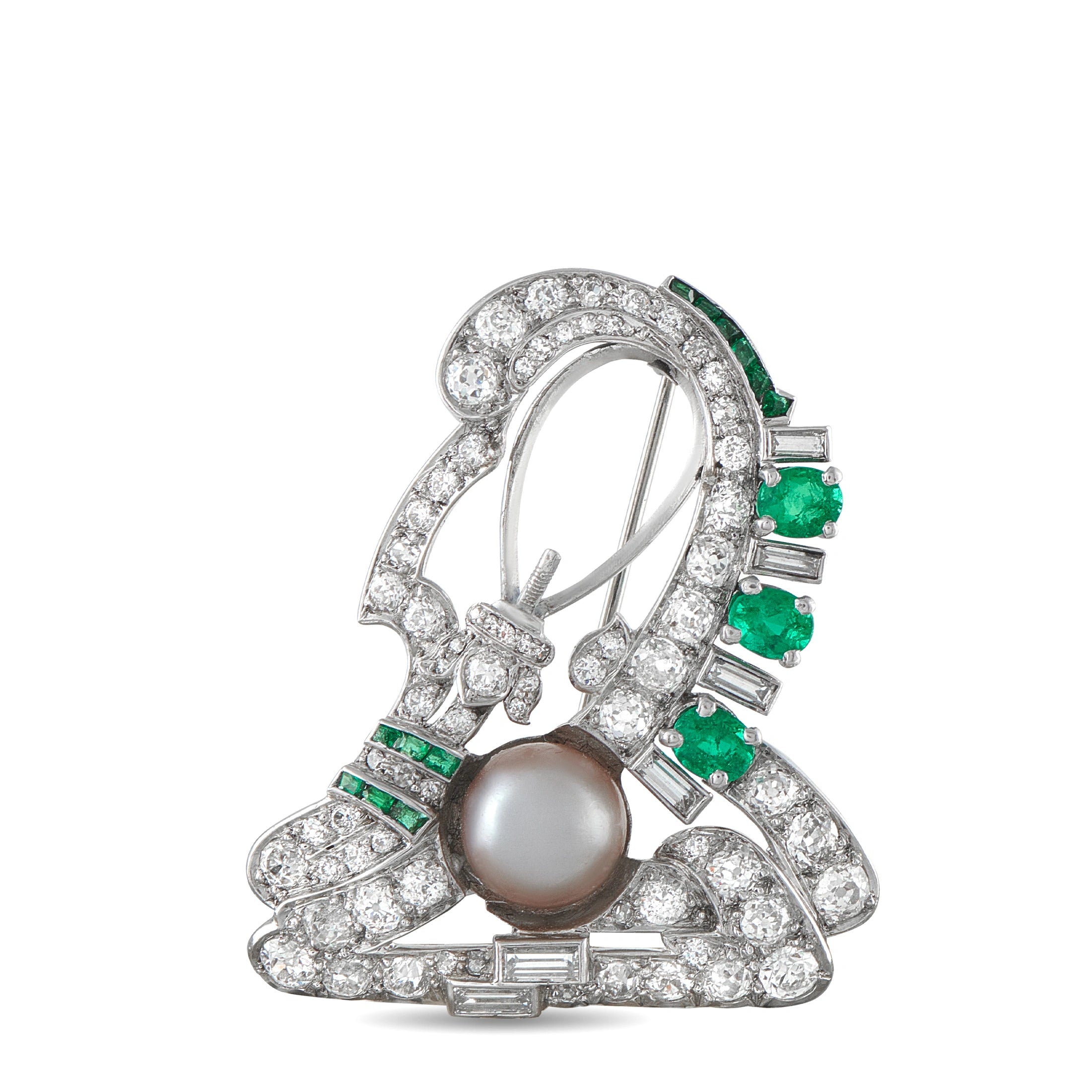 14K White Gold 2.70ct Diamond, Pearl, and Emerald Brooch