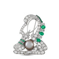 Diamond and emerald cluster brooch with round pearl, white gold setting