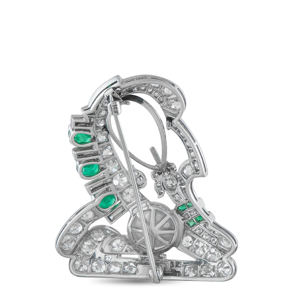 14K White Gold 2.70ct Diamond, Pearl, and Emerald Brooch