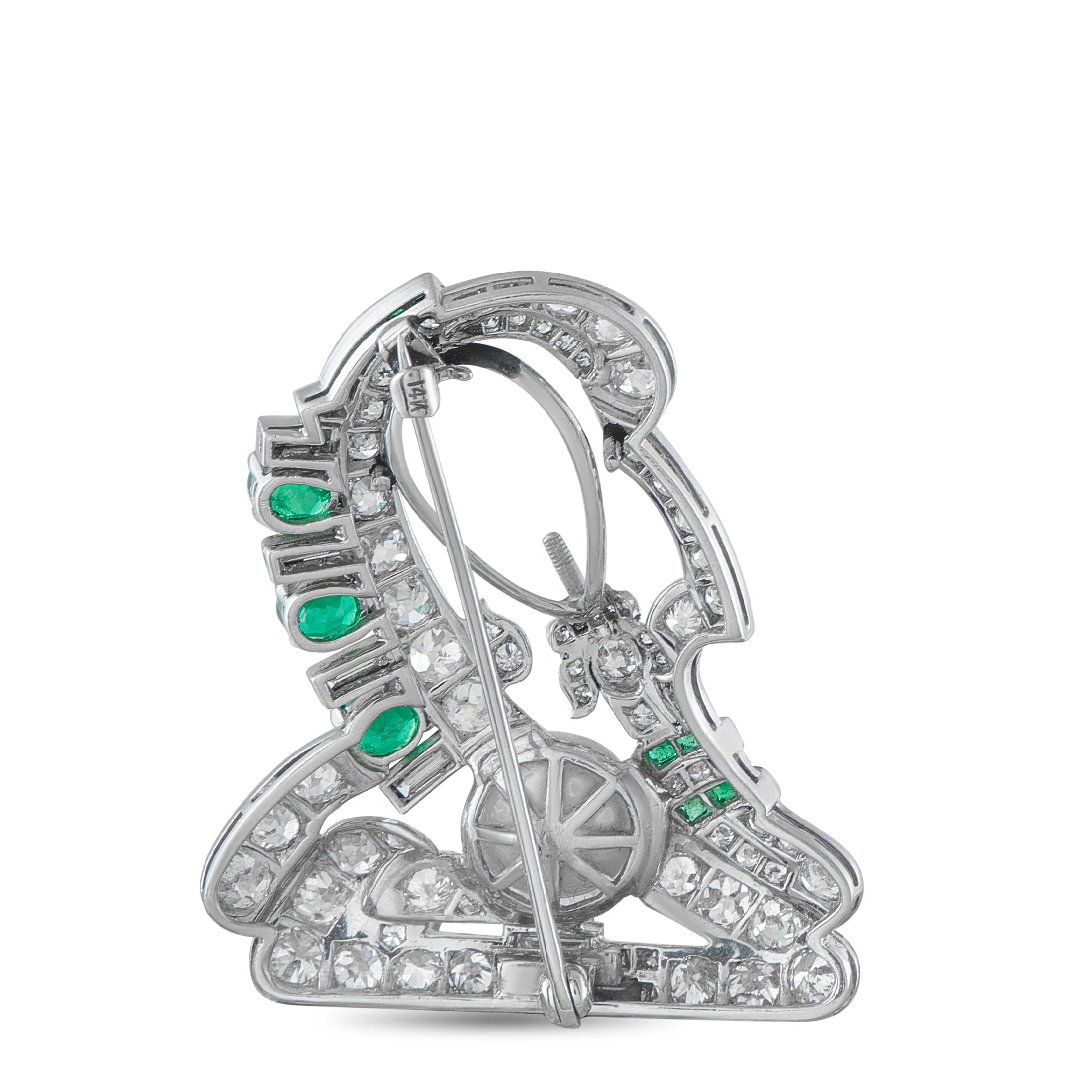 14K White Gold 2.70ct Diamond, Pearl, and Emerald Brooch