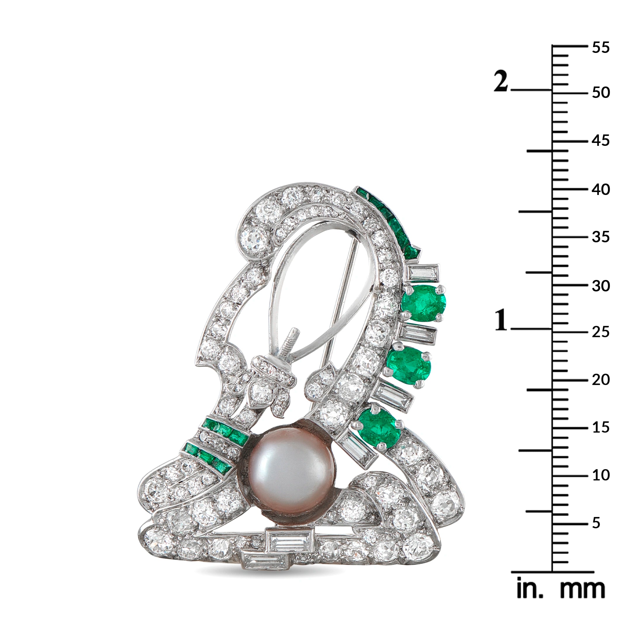 14K White Gold 2.70ct Diamond, Pearl, and Emerald Brooch