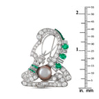 14K White Gold 2.70ct Diamond, Pearl, and Emerald Brooch