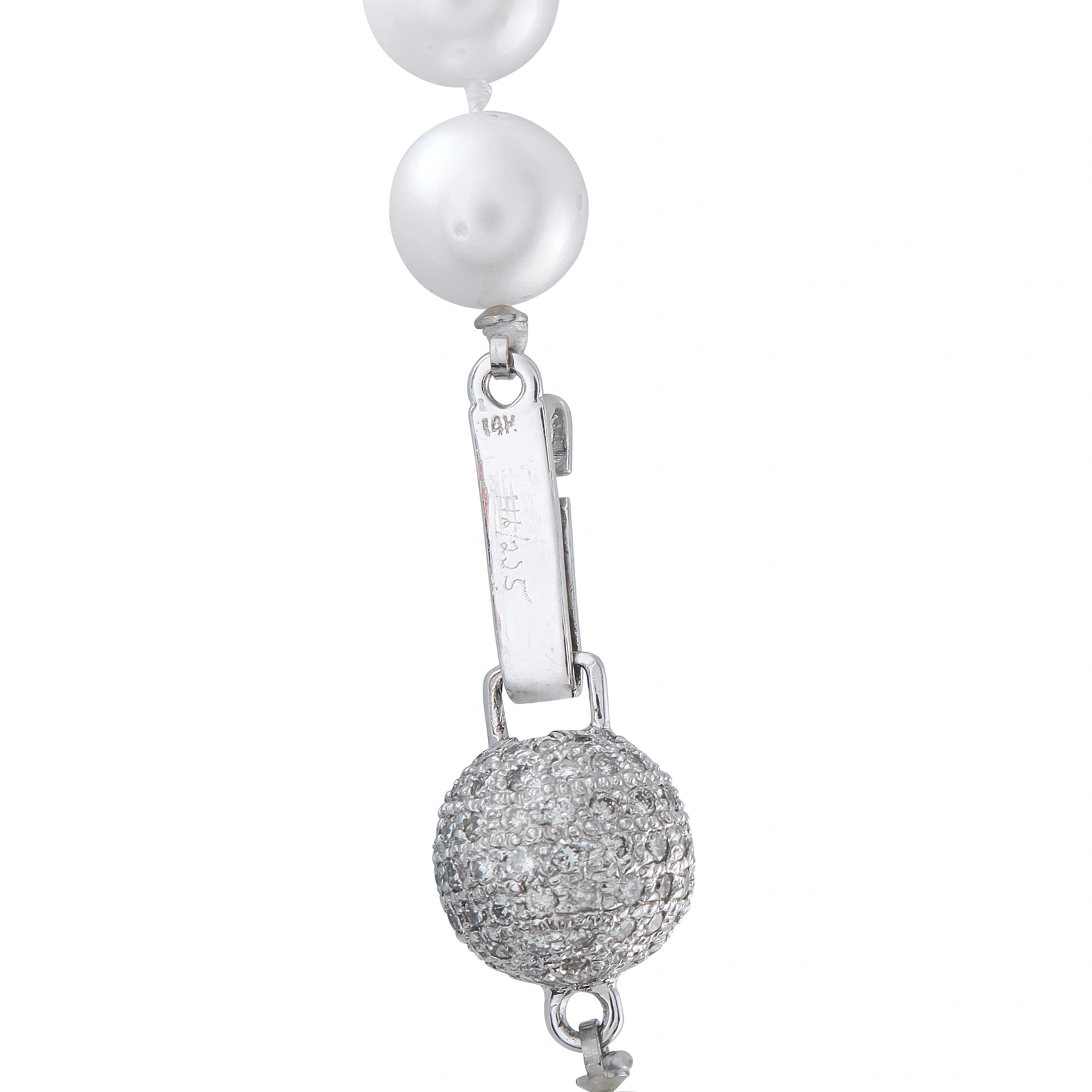 White pearl bead with silver-toned connector and round pave diamond-look pendant
