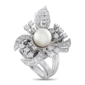Vintage 14K White Gold 1.0ct Diamond and Pearl Floral Cocktail Ring