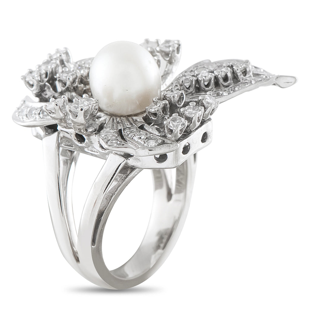 Vintage 14K white gold floral cocktail ring with pearl and diamonds