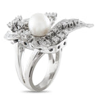 Vintage 14K white gold floral cocktail ring with pearl and diamonds