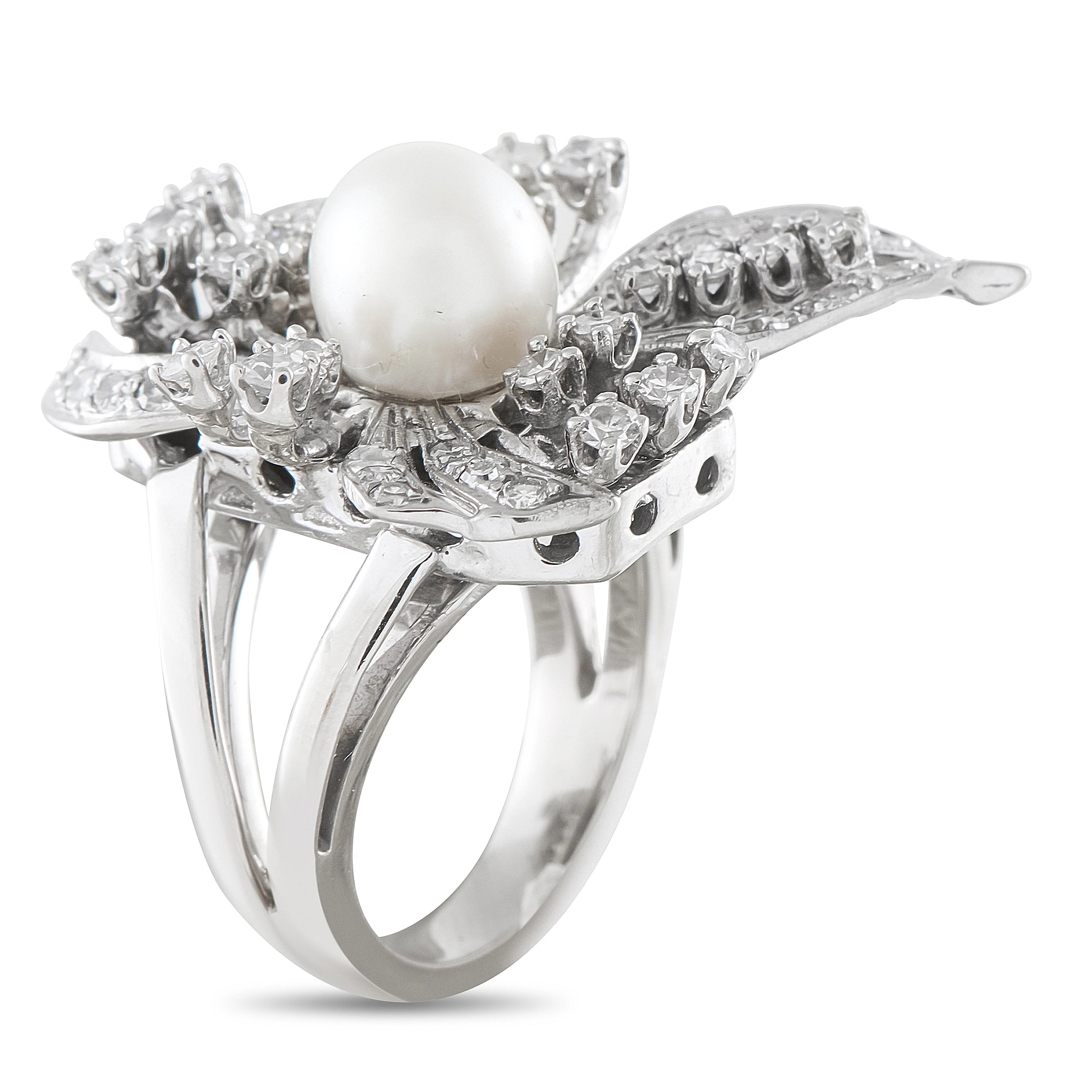 Vintage 14K white gold floral cocktail ring with pearl and diamonds