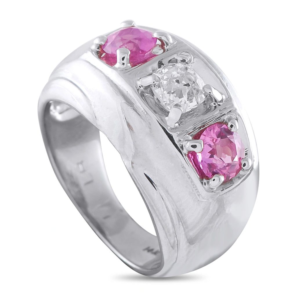 14K white gold three-stone ring with round diamond and two pink sapphires