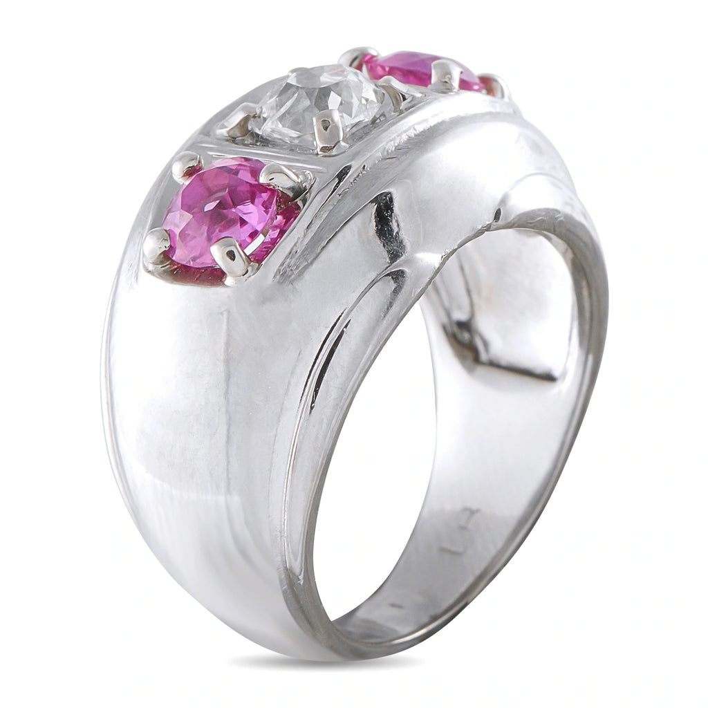 14K white gold three-stone ring side view with diamond and pink sapphire stones