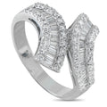 White gold diamond ring with baguette and round cluster bands, prong-set