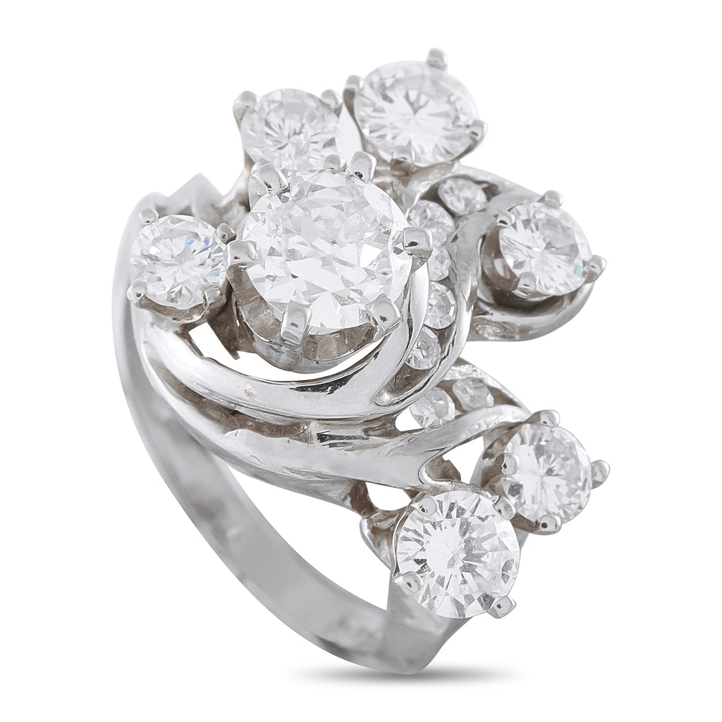 14k white gold diamond cluster ring, round center with side stones