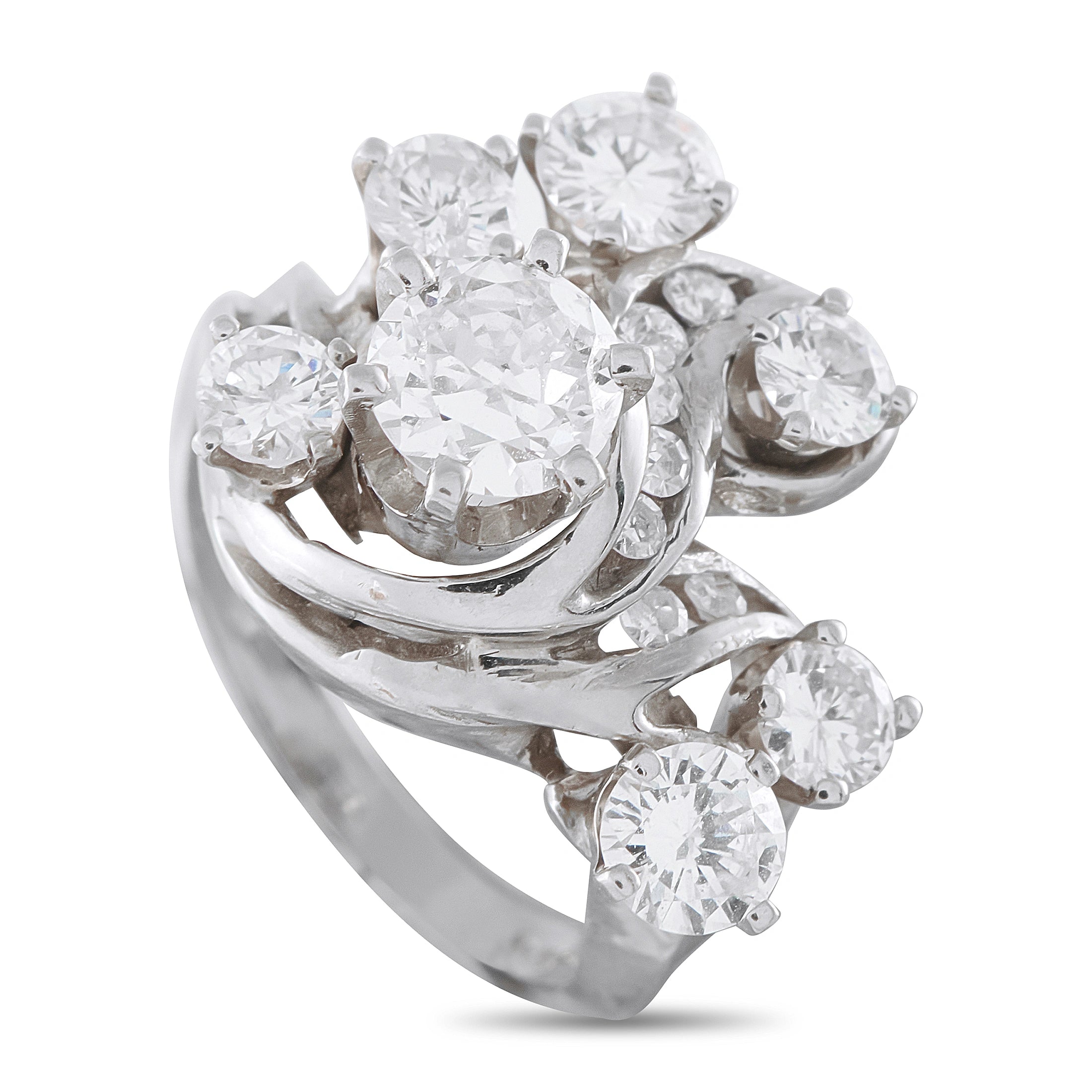 14k white gold diamond cluster ring, round center with side stones