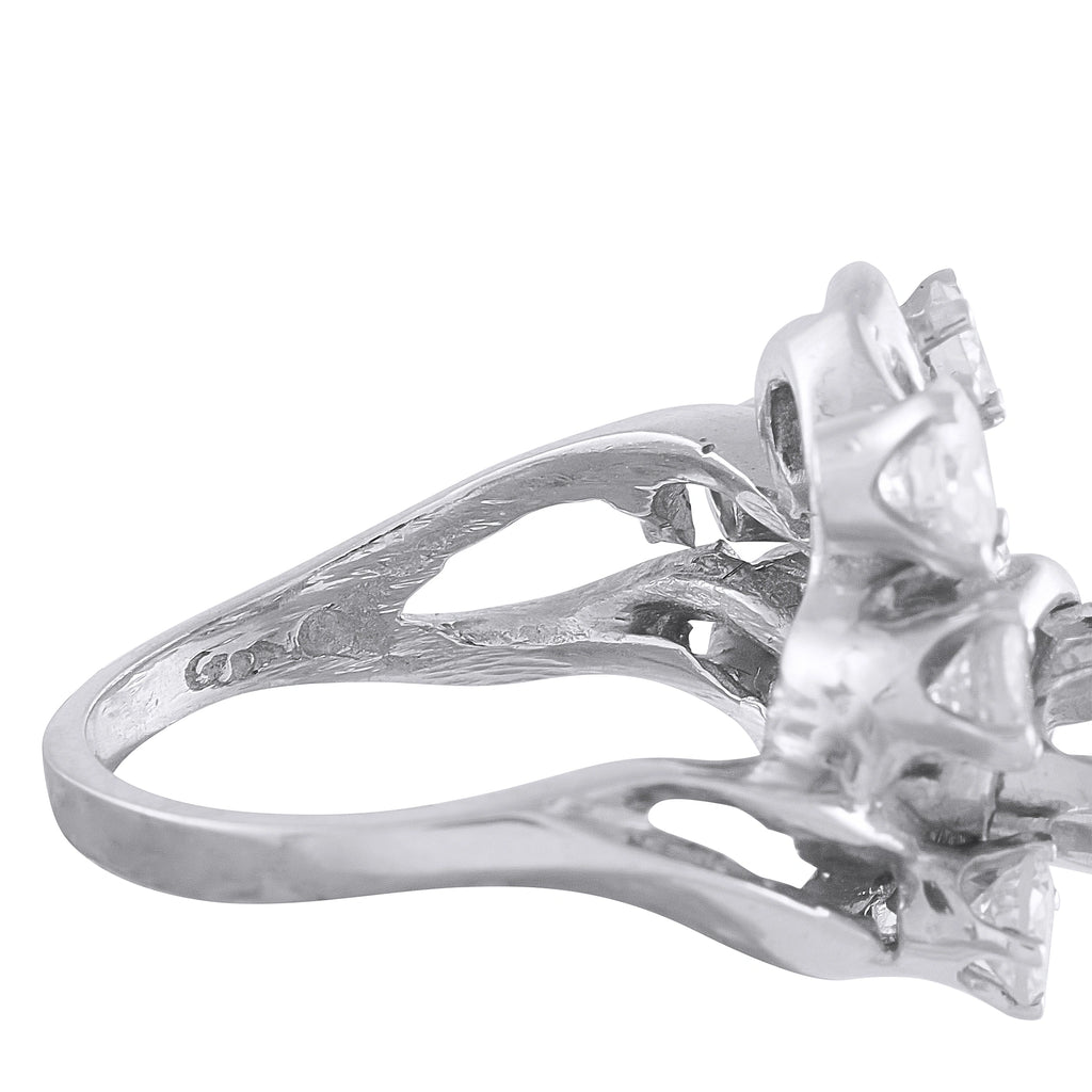 14k white gold diamond cluster ring, detailed prong setting with round stones