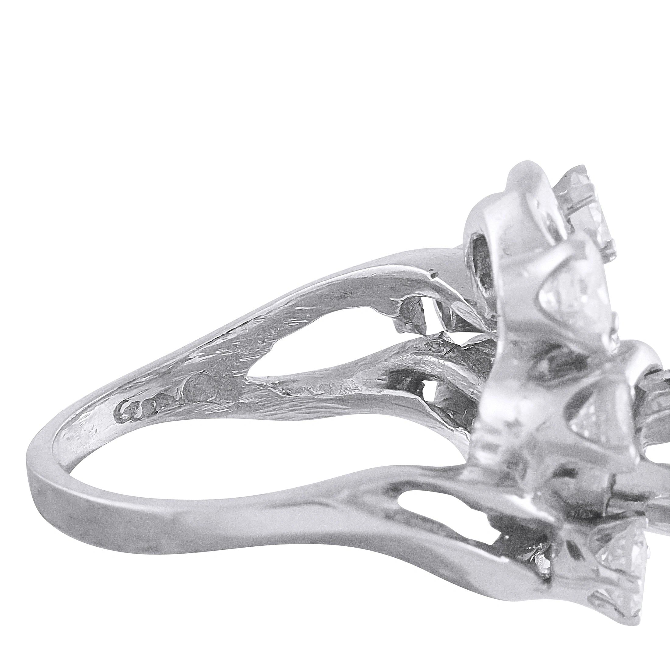 14k white gold diamond cluster ring, detailed prong setting with round stones