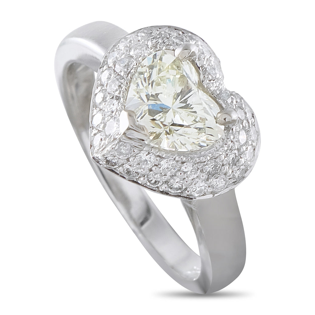14K white gold diamond ring with heart-shaped center stone and halo