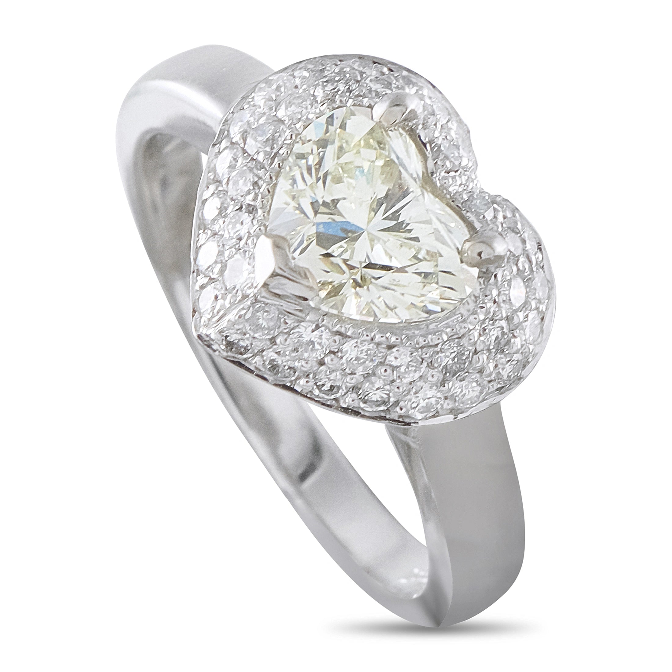 14K white gold diamond ring with heart-shaped center stone and halo