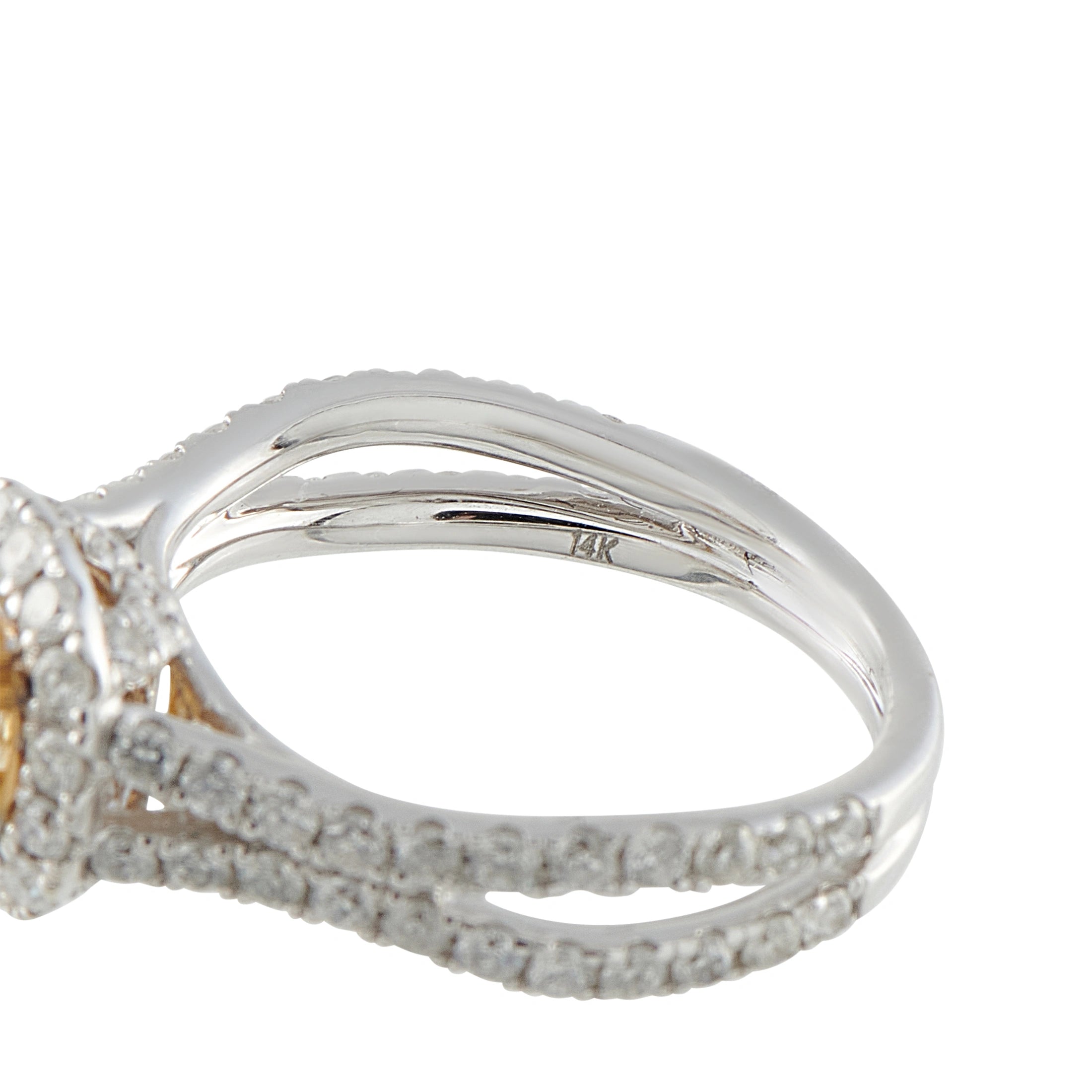 14K white gold halo ring side view with pavé diamond band
