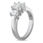 14K white gold three-stone diamond ring with emerald-cut stones in a raised setting