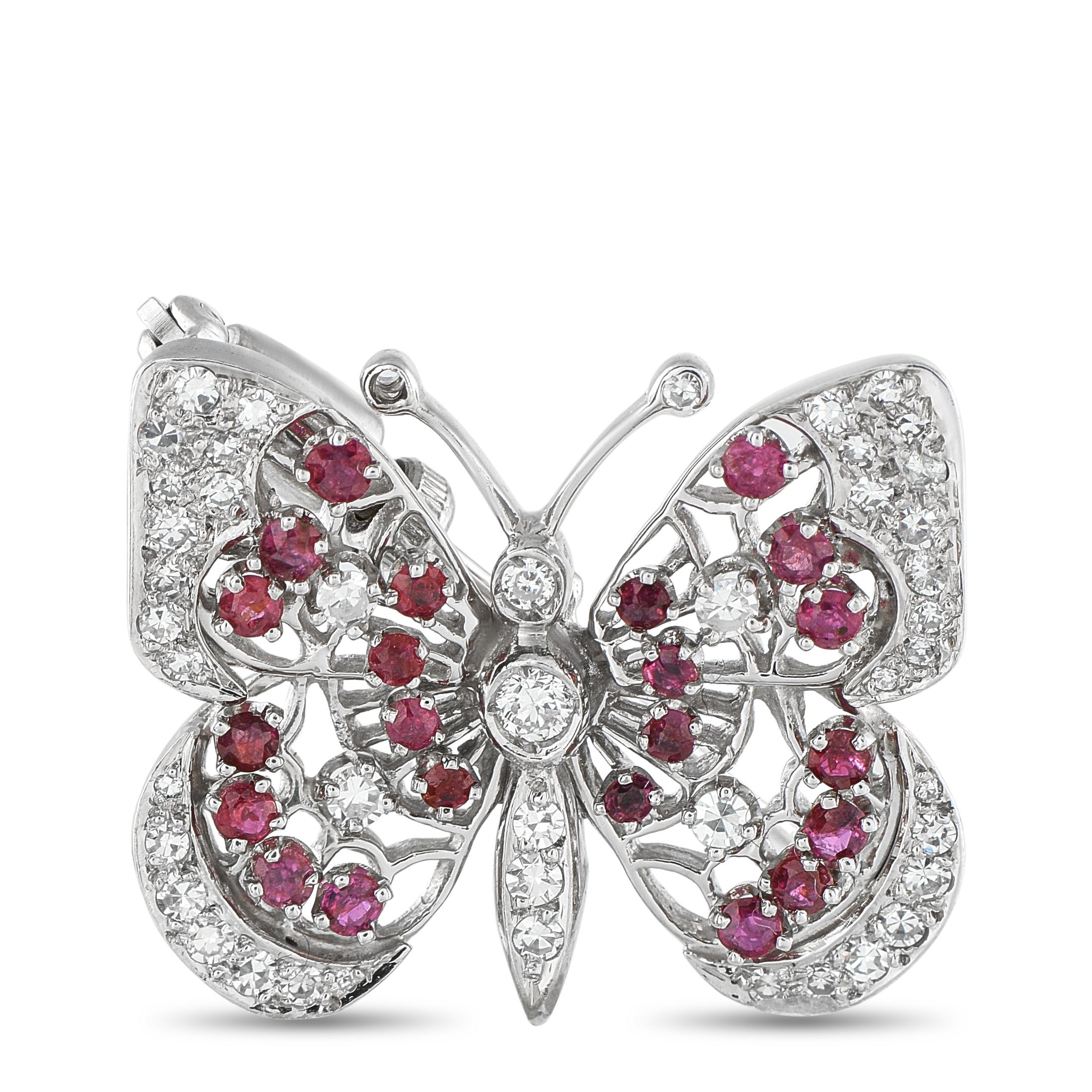 Exclusive 14K White Gold 0.65ct Diamond and Ruby Butterfly Brooch — Gleaming in 14K white gold, this delicate butterfly’s bea