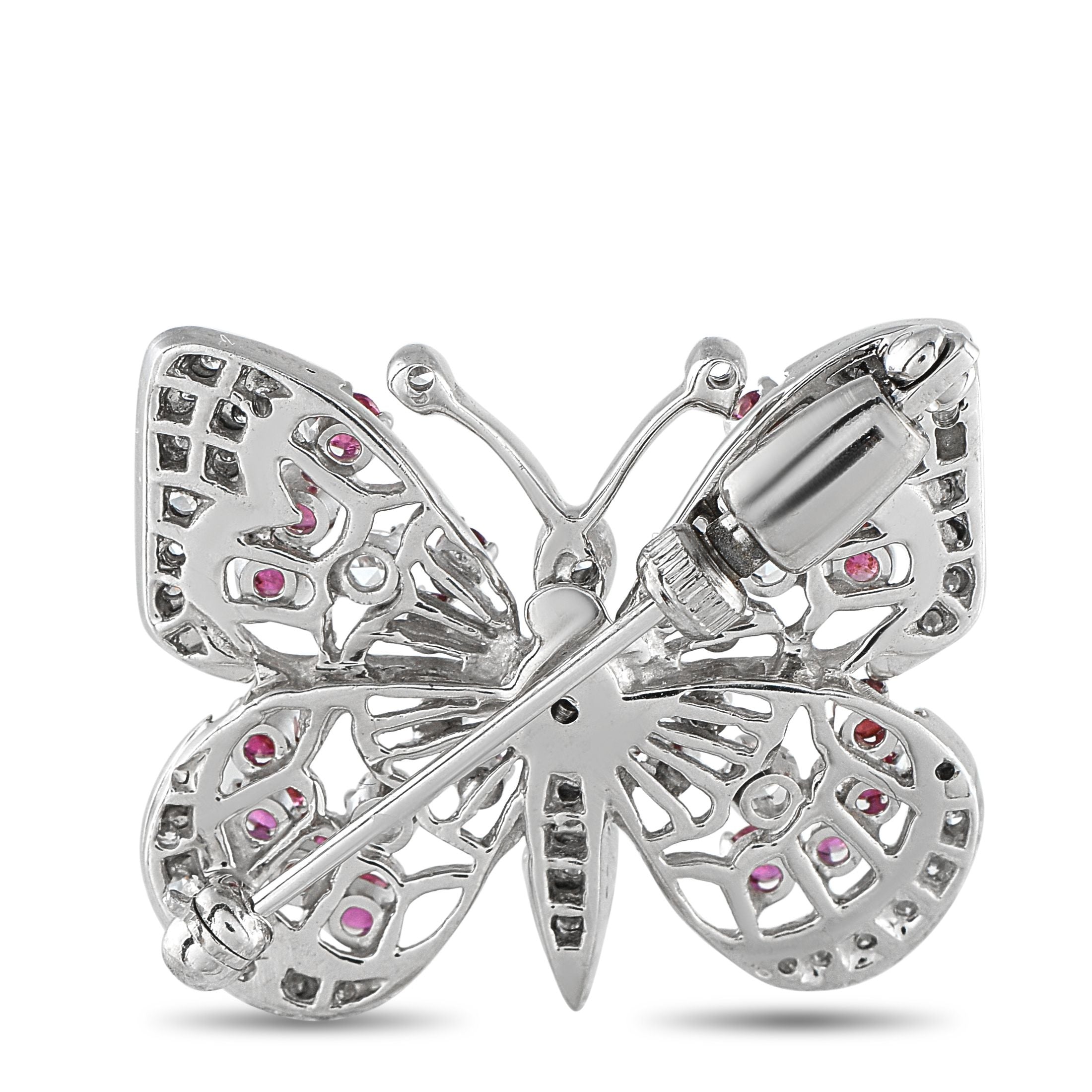 Exclusive 14K White Gold 0.65ct Diamond and Ruby Butterfly Brooch