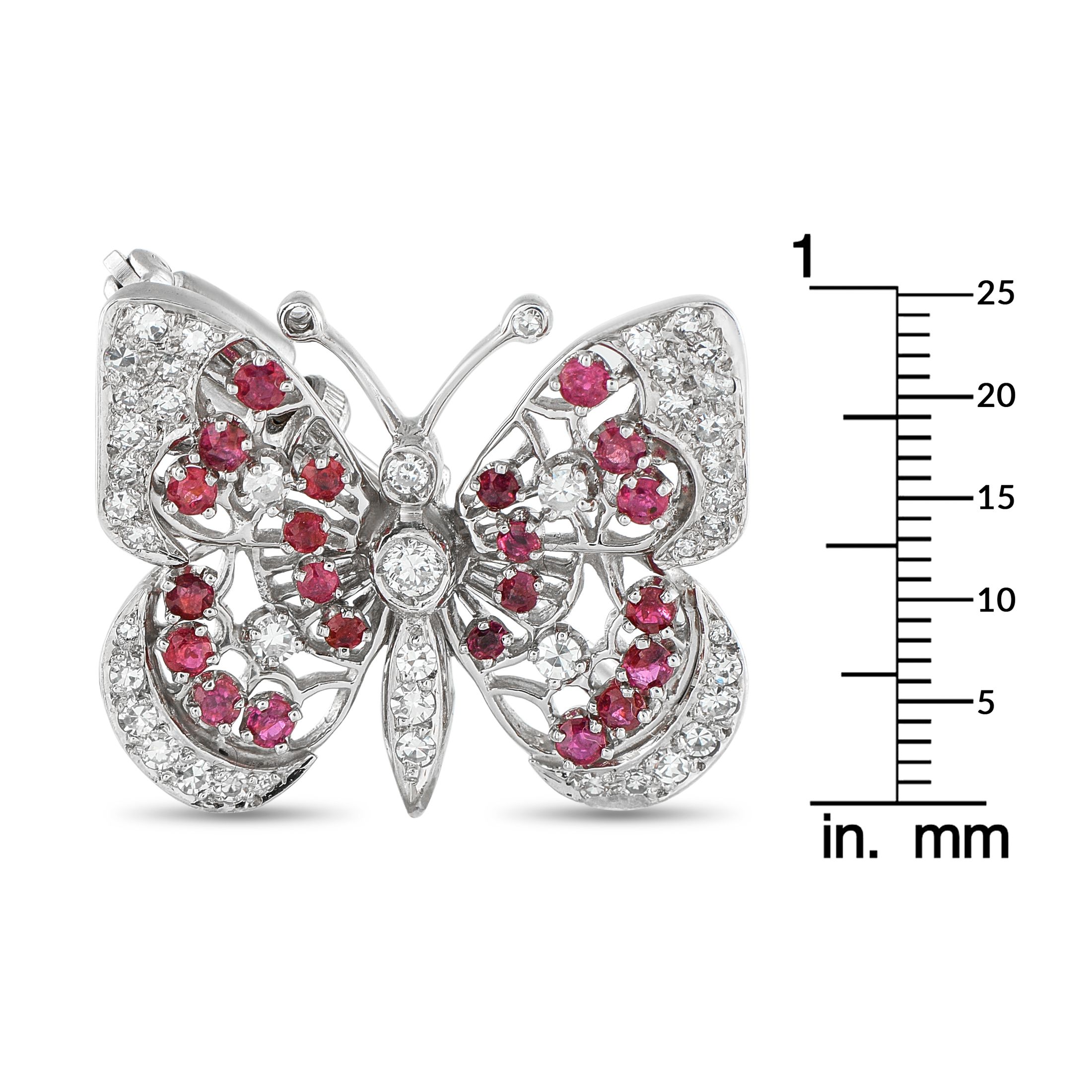 Exclusive 14K White Gold 0.65ct Diamond and Ruby Butterfly Brooch