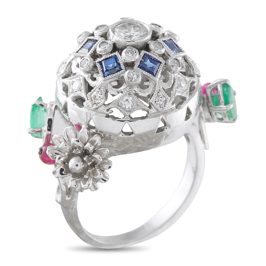 14K White Gold 0.45ct Diamond, Ruby, Sapphire, and Emerald Ring