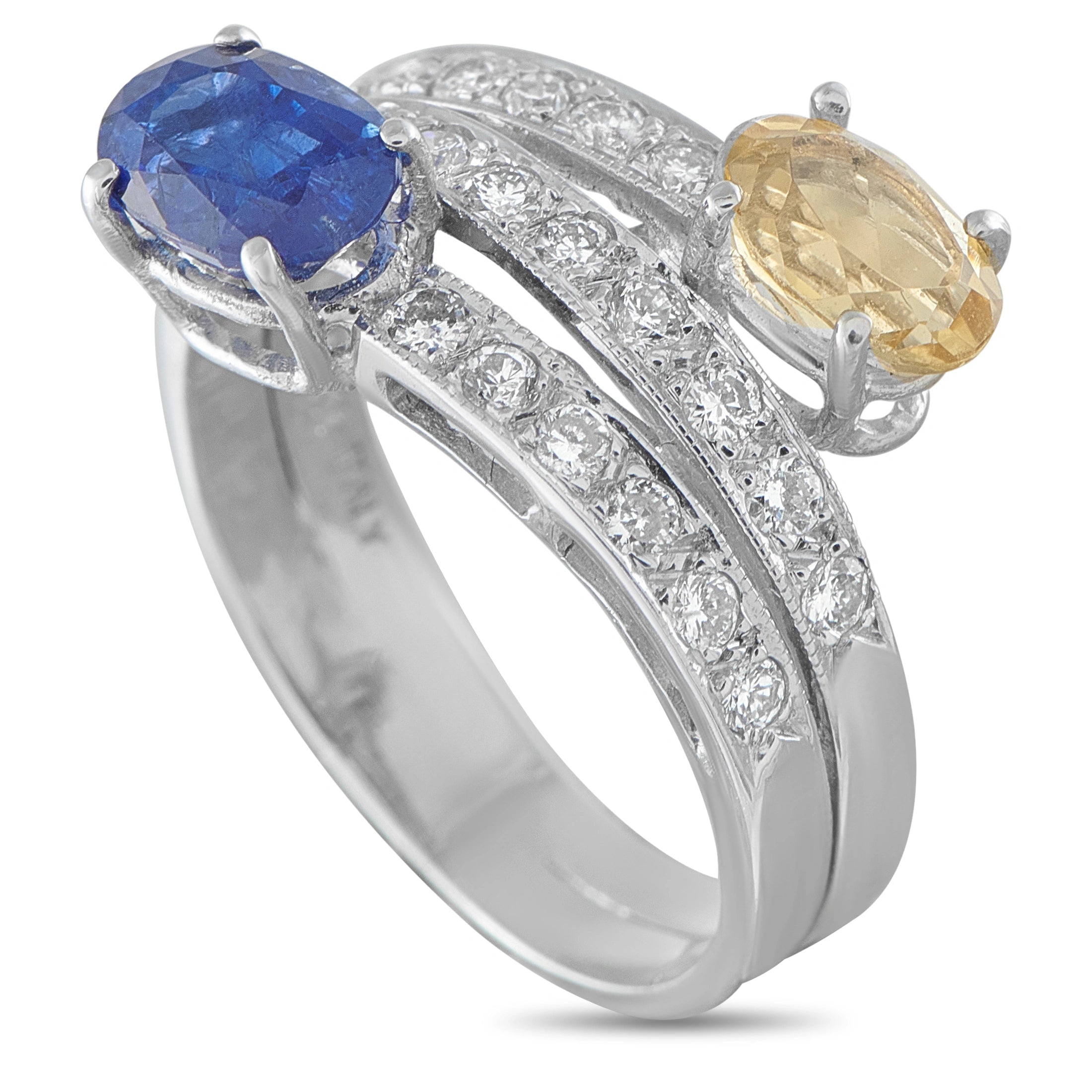 14K White Gold 0.44ct Diamond, Sapphire, and Heliodor Bypass Ring