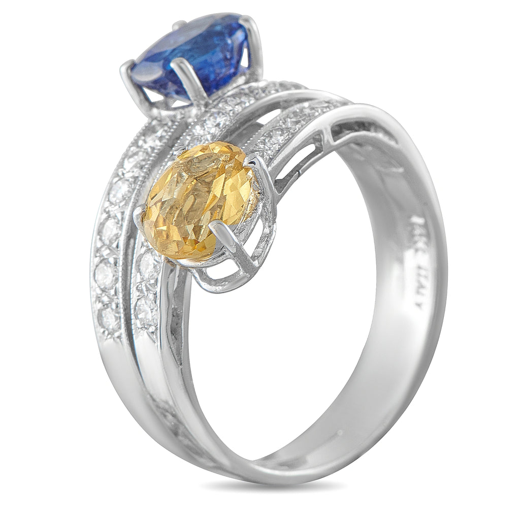 14K White Gold 0.44ct Diamond, Sapphire, and Heliodor Bypass Ring