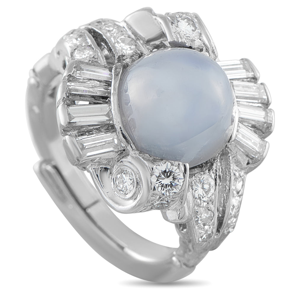14K White Gold 0.60ct Diamond and Milky Blue Sapphire Cocktail Ring