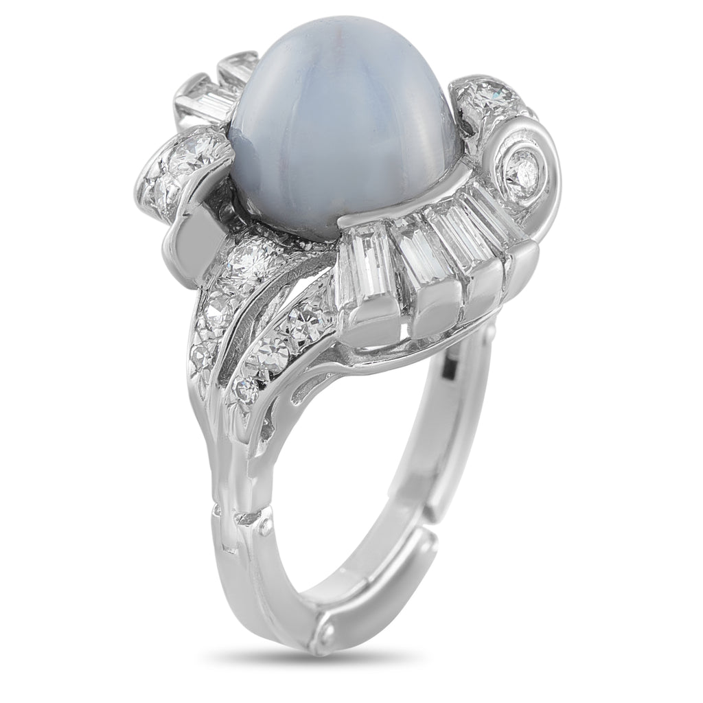 14K White Gold 0.60ct Diamond and Milky Blue Sapphire Cocktail Ring