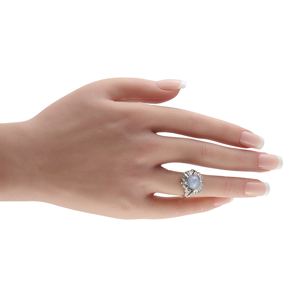 14K White Gold 0.60ct Diamond and Milky Blue Sapphire Cocktail Ring
