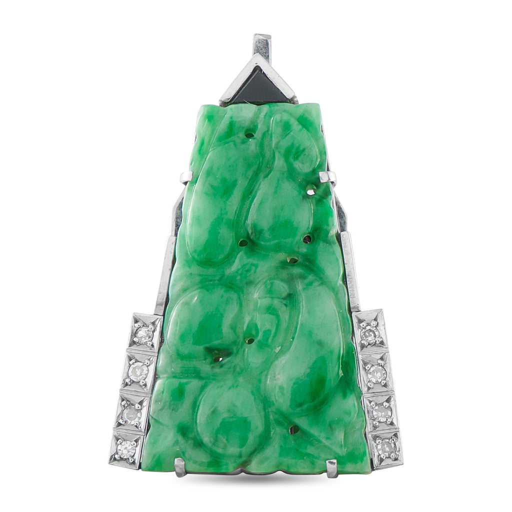 14K White Gold Diamond Carved Jade Art Deco Brooch