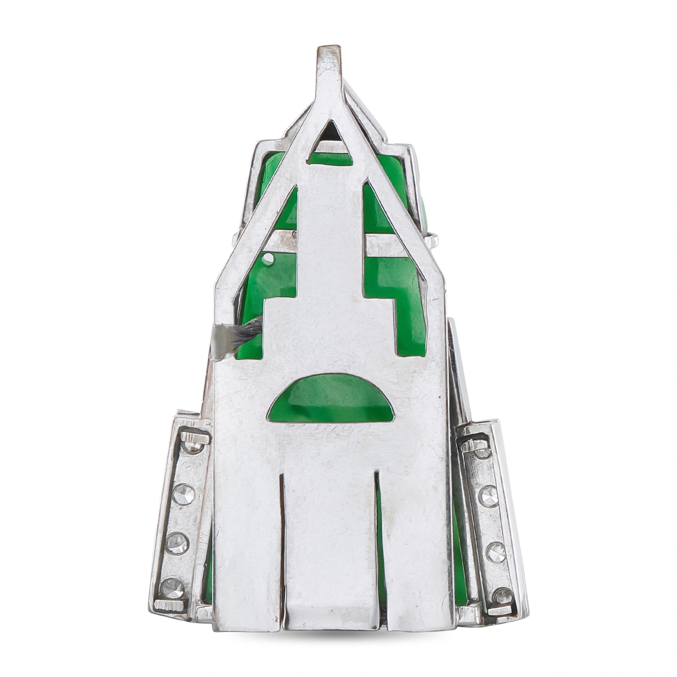 14K White Gold Diamond Carved Jade Art Deco Brooch