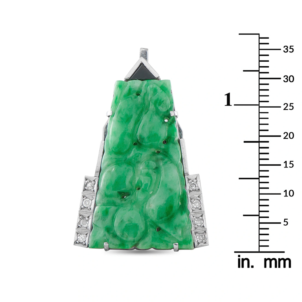 14K White Gold Diamond Carved Jade Art Deco Brooch