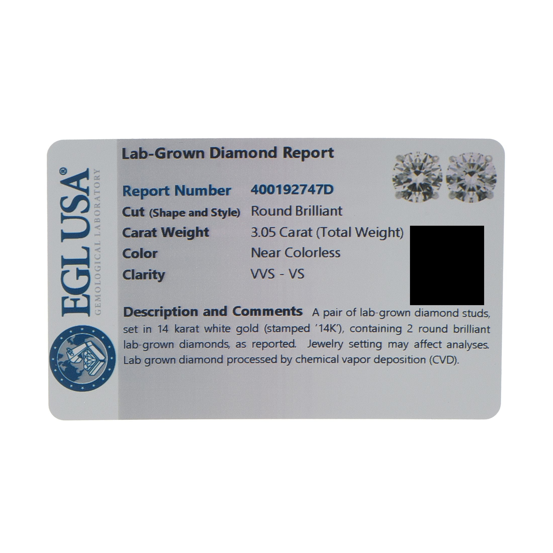 Exclusive 14K White Gold 3.05ct Lab-Grown Diamond Stud Earrings