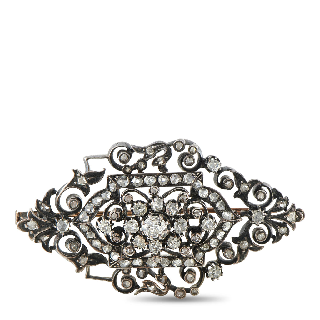 14K White Gold and Silver 1.0ct Diamond Victorian Brooch