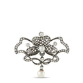 Antique floral diamond and pearl brooch with dangling pearl drop, white gold setting