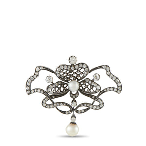Antique 14K White Gold and Silver 1.70ct Diamond and Pearl Brooch