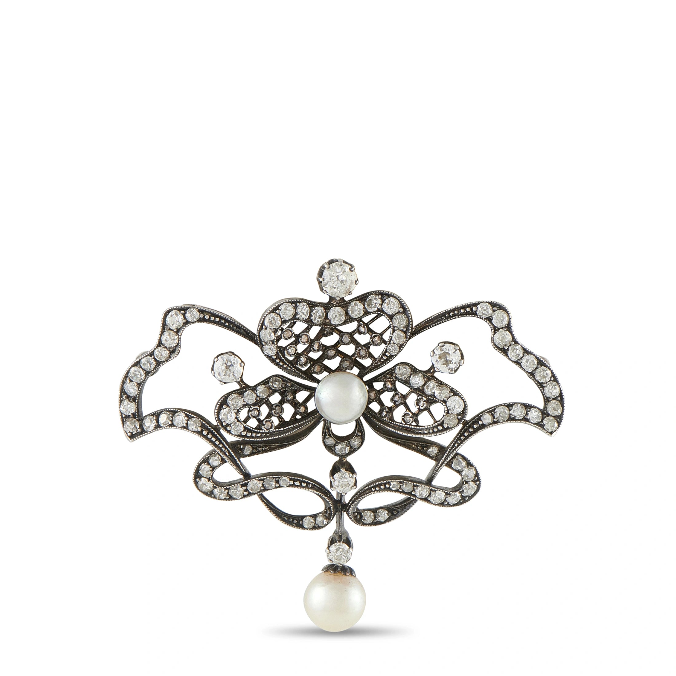 Antique 14K White Gold and Silver 1.70ct Diamond and Pearl Brooch