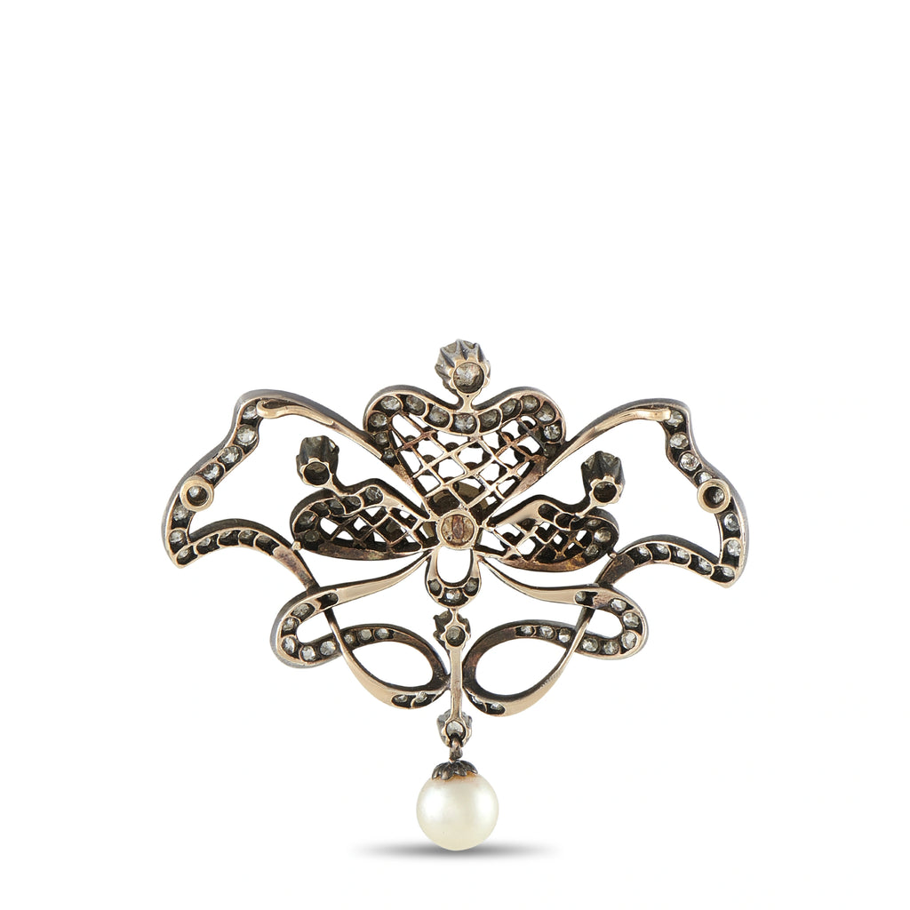 Antique 14K White Gold and Silver 1.70ct Diamond and Pearl Brooch
